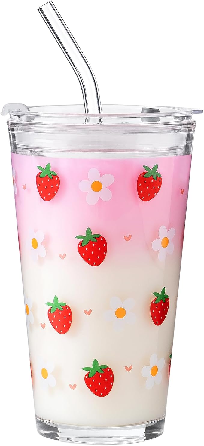 Olvini 15oz Glass Tumbler with Glass Straw and Lid, Cute Iced Coffee Cups, Aesthetic Glass Cups, Coffee Tumbler, Water Cup, Matcha Cup, Drinking Glasses (Strawberry)