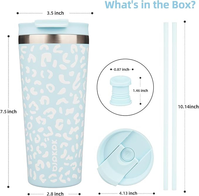BJPKPK 22oz Tumbler With lid And Straw Stainless Steel Travel Coffee Mug Insulated Tumblers Cups,Light Blue Leopard