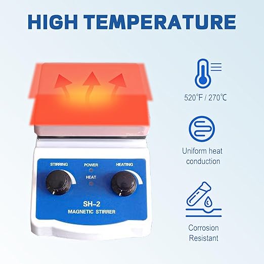 SH-2 Magnetic Stirrer, 520℉ Hot Plate Mixer, 100-2000rpm Magnetic Hot Plate Stirrer with Stir Bar and Support Stand, for Industrial, Agricultural, Medical, Scientific Research institutions