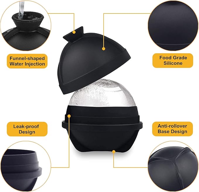Ice Ball Molds Set of 4,Whiskey Ice Ball Maker Mold,Silicone Sphere Ice Molds with Built-in Funnel,Large Round Ice Cube Molds Make 2.5 Inch Sphere Ice for Whiskey & Cocktails