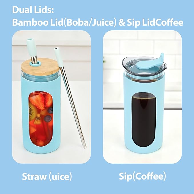 Sursip 20 oz Glass Tumbler with Lids and Straws, Reusable Borosilicate Glass Iced Coffee Cup with Bamboo Lid for Smoothie Boba Juice,Travel BPA-Free - Lilac Purple