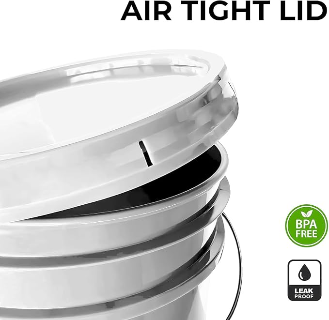 3.5-Gallon White Bucket Pail Container with Lid | Food Grade | Heavy-Duty Extra Durable | Metal Handles with Plastic Grip for Easy Carrying | Multi-Use | Easy Stack and Store | BPA Free - 5 Pack