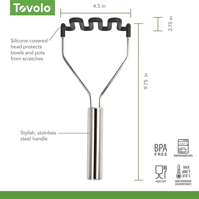 Tovolo Silicone Potato Masher Stainless Steel Handle Charcoal Gray Dishwasher Safe Heat Resistant Non Scratch Handheld Coil Wire Potato Smasher for Nonstick Pans Ergonomic Kitchen Food Prep Tool