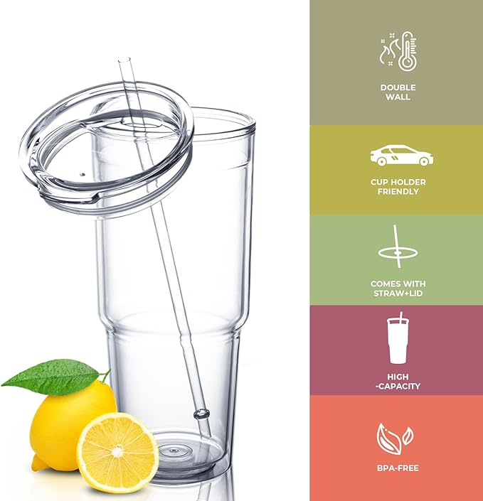 MEWAY 30oz/4 pcs Classic Insulated Tumblers,Double Wall Acrylic Tumbler with Lid，Reusable Plastic Insulated Tumblers with Straw，for cold drinks, sand ice, whatever you like(transparent,4 pack)