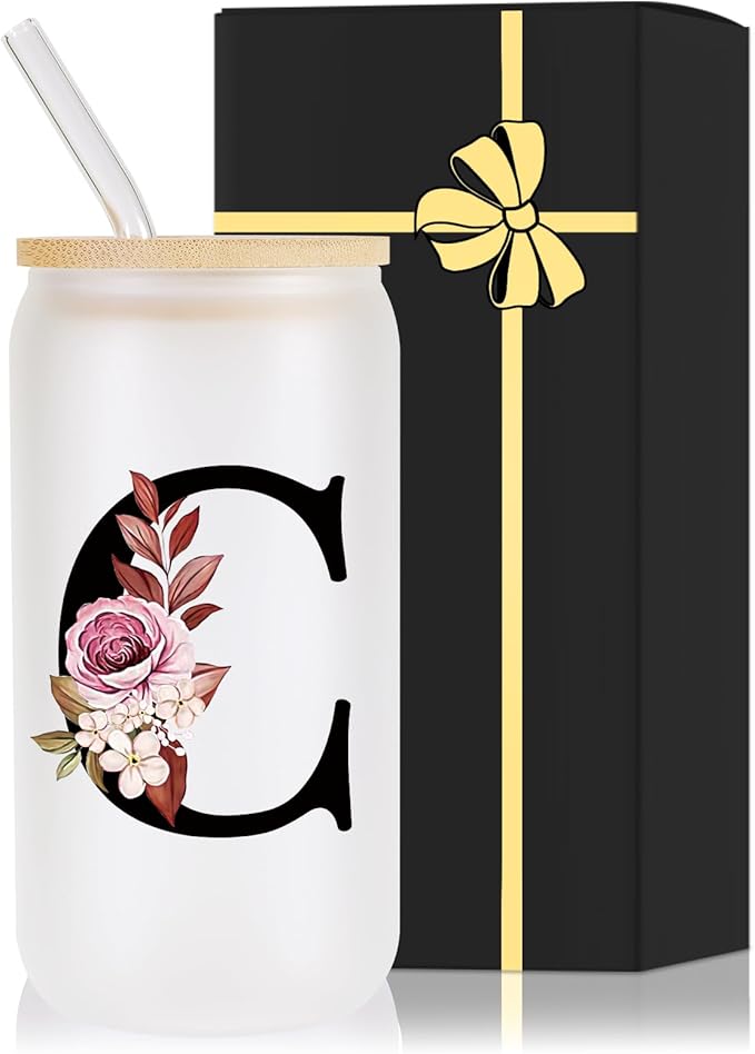Monogrammed Glass Drinking Cup With Lid Straw Girlfriend Gf Future Mrs for Her Women Boyfriend 1 One Year Anniversary Meaningful Cute Romantic Christmas Xmas First Valentines I Love You More Gifts,C
