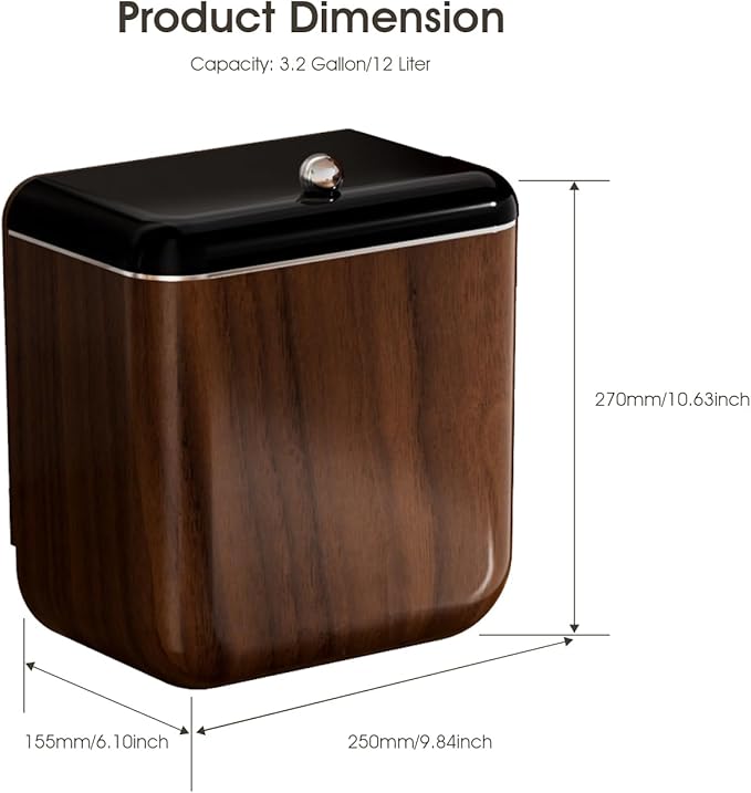 Large 3.2 Gallon Compost Bin, Under Sink Trash Can with Lid, Hanging Waste Cabinet for Office Kitchen Cupboard Bathroom Bedroom, Walnut Color