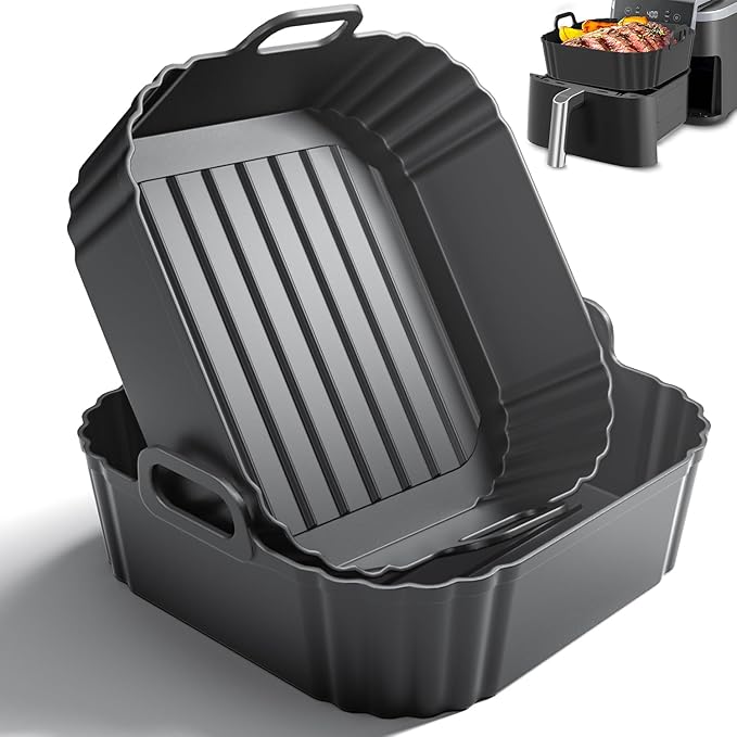8.5 Inch Square Silicone Air Fryer Liners 2 Pack, Reusable Air Fryer Basket Liners for Ninja AF141 AF142 AF181, COSORI, Cuisinart, Chefman, Instant Air Fryer 5–6.5 QT