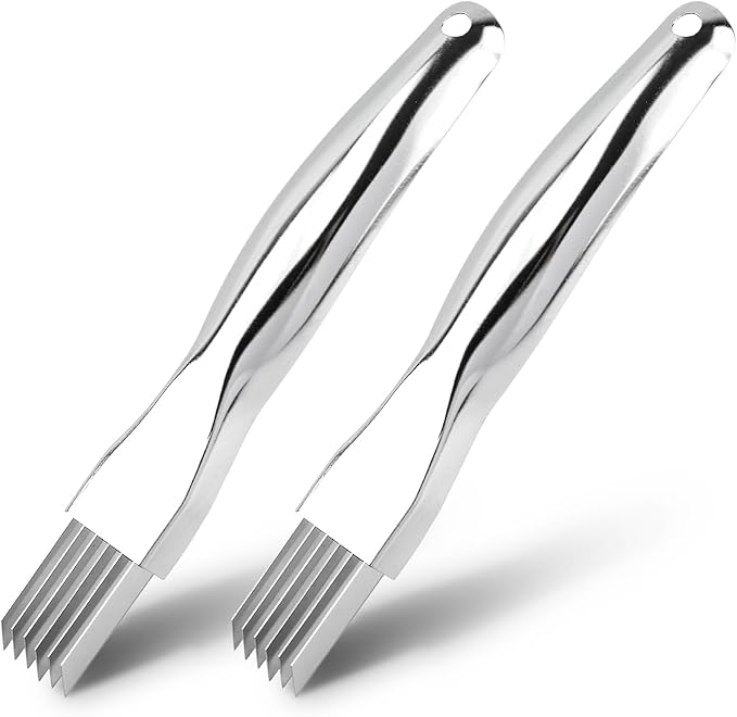 2pcs Onion Knife,Stainless Steel Scallion Cutter Shredder Manual Green Onion Slicer Tool with 2pcs Brushes Multifunctional Home Kitchen Slicing Tool Gadgets