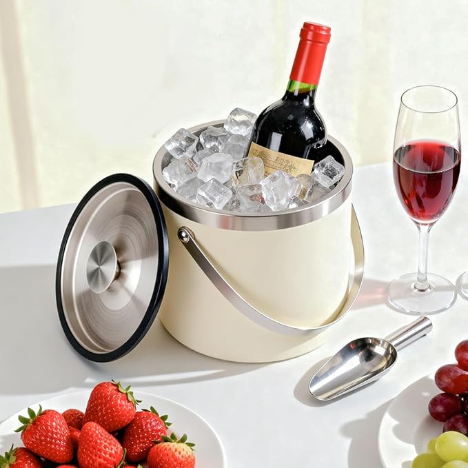 4L beige-white Double Wall Insulated Stainless Steel Ice Bucket with scoop for Cocktail Bar,Metal Ice Bucket for freezer with Lid for parties.ice Container to Keep Ice Colder,bar cart accessories