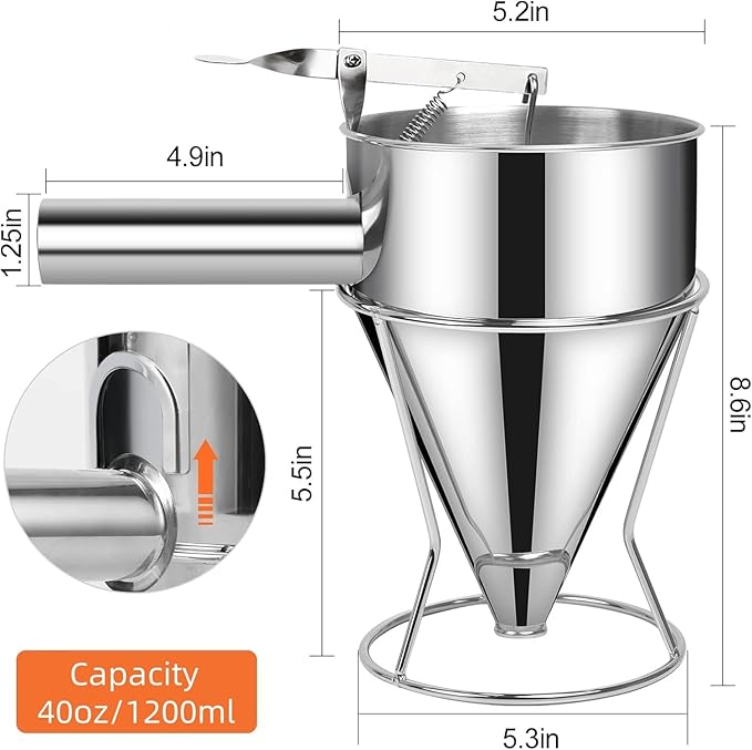 Pancake Batter Dispenser, 40oz Multi-Caliber Stainless Steel Funnel Cake Dispenser with Stand Waffle Batter Dispenser Pancake Maker Cooking Tools (1.2L)
