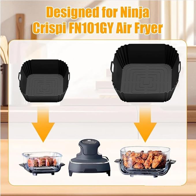 FN101GY Air Fryer Silicone Liners for Ninja Crispi FN101GY/FN101SG/FN101ST, Non-Stick Glass Air Fryer Accessories Reusable Airfryer Replacement,Big for 4QT & Small for 6 Cup Container