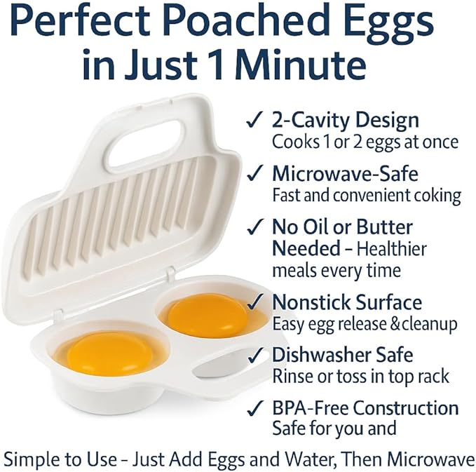 Microwave Egg Poacher BPA-Free by Dependable Industries Inc. Essentials – Quick & Easy 2-Cavity Egg Cooker for Perfect Poached Eggs in Minutes – Dishwasher & Microwave Safe
