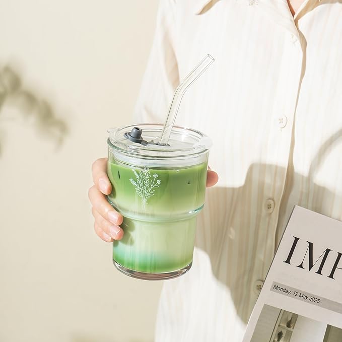 Olvini 13oz Glass Tumbler with Straw and Lid, Reusable Iced Coffee Cup Tumbler, Cute Glass Cups for Water, Matcha, Travel Coffee Mugs (Wildflower- 13oz)
