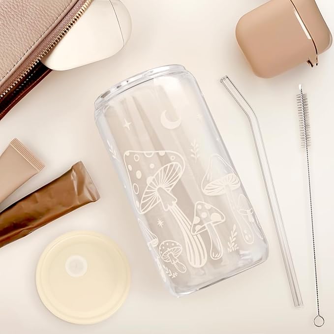SANDJEST Mushroom 16oz Can Glass Tumbler with Acrylic Lid & Straw, Iced Coffee Cup for Women, Aesthetic Cups Gifts for Birthday Christmas