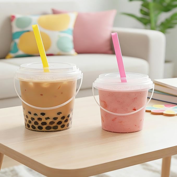 ASEVAT 10 Pack 34oz Clear Plastic Drink Buckets with Dual-Lid System, Reusable 1L Cups with Lids and Straws, Leakproof Bucket Cups for Boba Bubble Tea, Smoothies, Iced Coffee