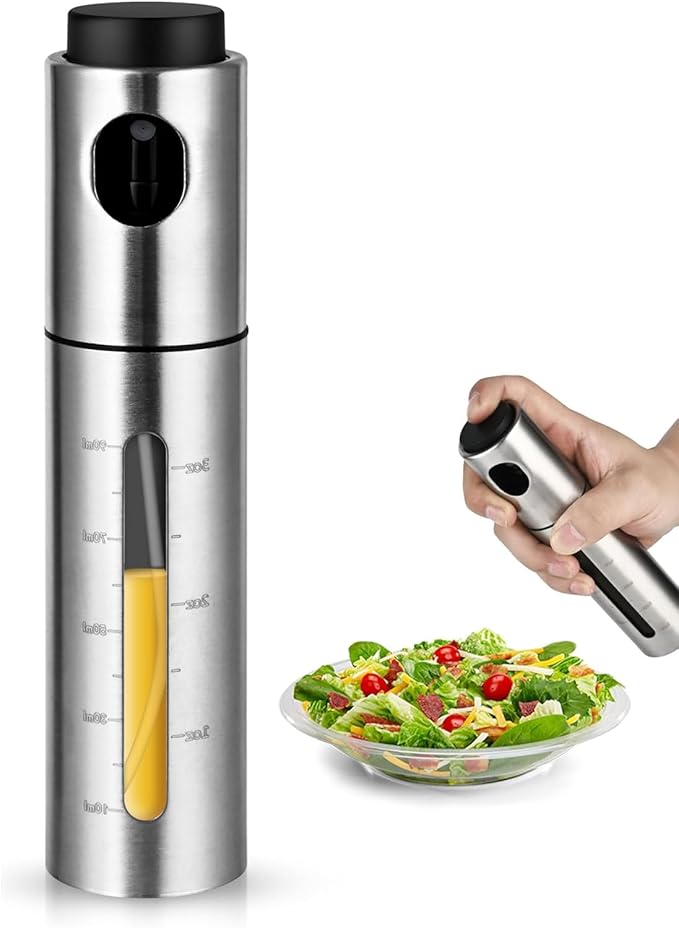 100ml Stainless Steel Olive Oil Sprayer, Multi-Purpose for Cooking, Salads, BBQs, Air Fryers. One-Handed Use. Suitable for Oils, Vinegar, Soy Sauce. Features a Content Window.