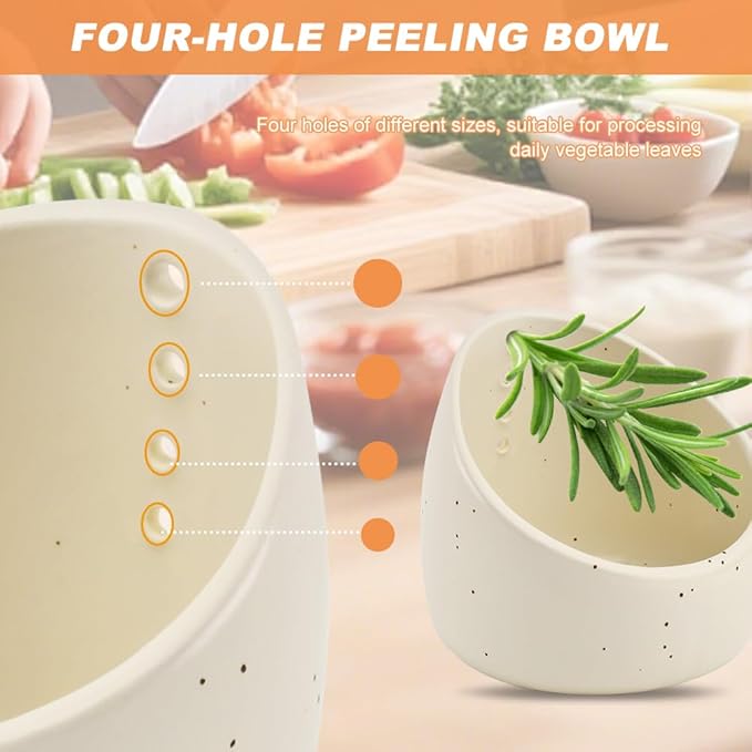 Upgrade Pottery Herb Stripper Bowl - Handmade Ceramic Peeling Cup with Round Holes, Efficient Leaf Removal Tool for Kale, Cilantro, Thyme, Parsley, Kitchen Gadget(White)