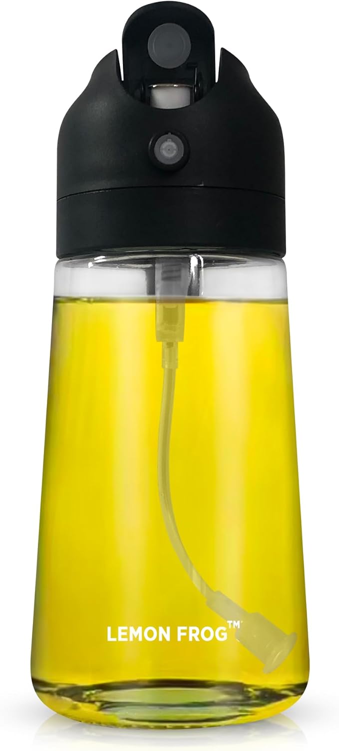 Oil Dispenser/Sprayer Glass Bottle for Kitchen- 2 in 1 Premium Design, 470mL/16oz for Day to Day Cooking, Barbecue, Air Fryer, Salad Prep- Leak Proof & Clean Operation.