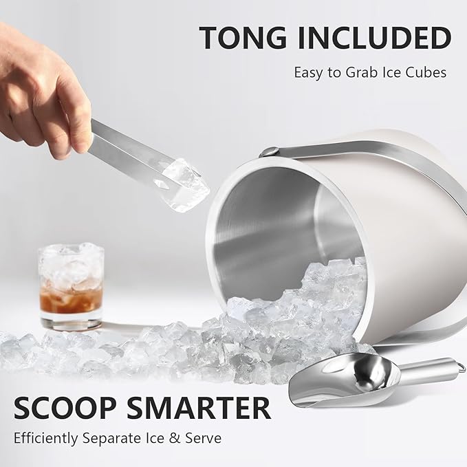 Bakpoco Insulated Ice Bucket with Silicone Lid, Scoop, Tongs & Strainer, 3L Stainless Steel Double Wall Ice Buckets for Parties & Cocktail Bar, Champagne Ice Bucket with Lid for Freezer, Ivory