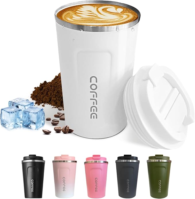 SPLMIFA Travel coffee mugs leak-proof, reusable coffee cups with lids, stainless steel vacuum insulated coffee tumblers, thermal insulation cups for men & women keep drinks hot & cold(2nd-White, 12OZ)