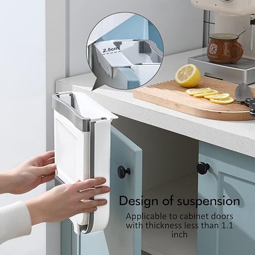 2 Pack Kitchen Trash Can, Foldable Trash Can for Kitchen, Collapsible Hang Small Plastic Garbage Can 2.4 Gallon for Cabinet/Car/Bedroom/Bathroom/Office (White, 2PC)