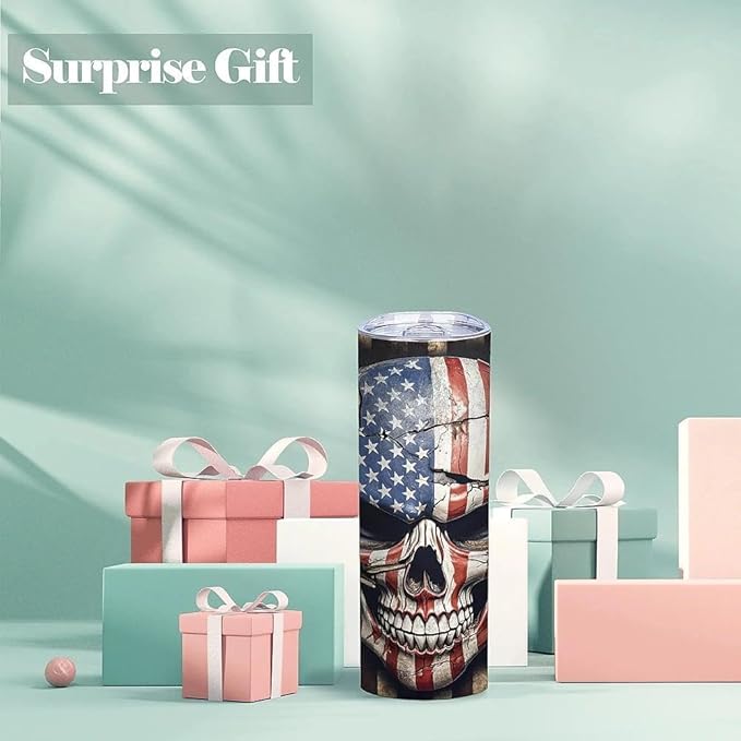 ATHAND American Flag Skull Tumbler,20 Oz Insulated Stainless Steel Skinny Coffee Tumbler with Lid,Patriotic Birthday Gifts for Men,1 Pcs