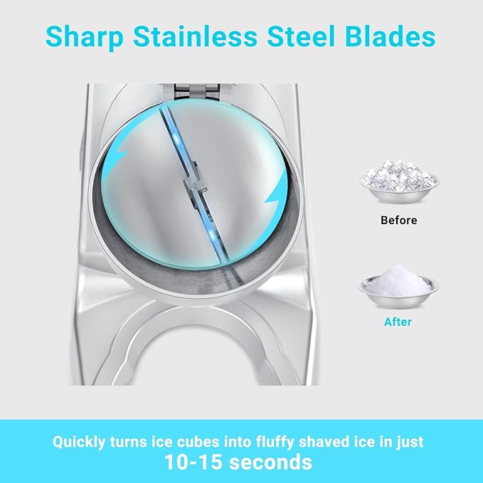 300W 178 lbs/hr ETL-Listed Dual Blade Electric Ice Shaver Machine with Ice Pick, Ice Crusher for Home Use and Commercial, Shaved Ice Machine, Ice Grinder, Silver