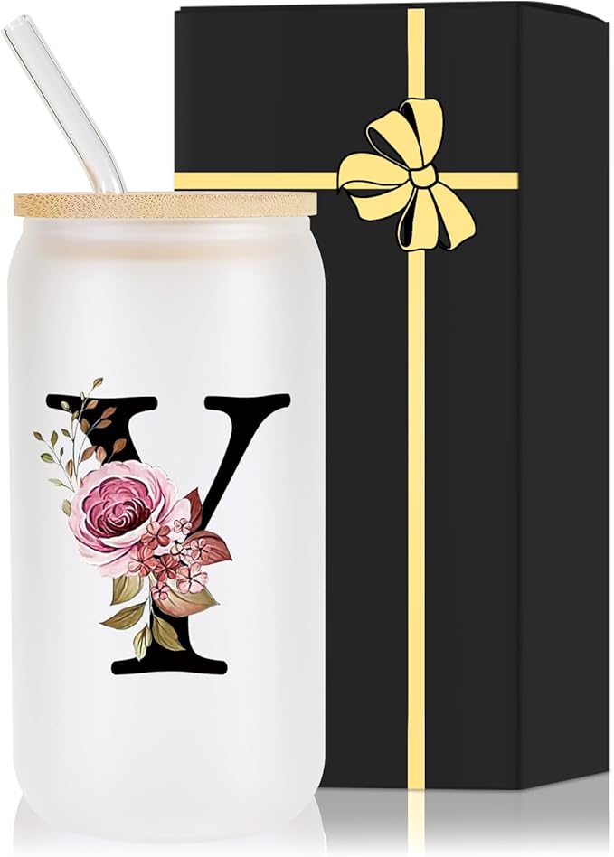 Wulcea Monogrammed Glass Drinking Cup With Lid Straw Women Men Teacher Female Male Best New Appreciation Thank you Favorite Good Goodbye Retirement Friends Social Student Bestie Gifts,Y