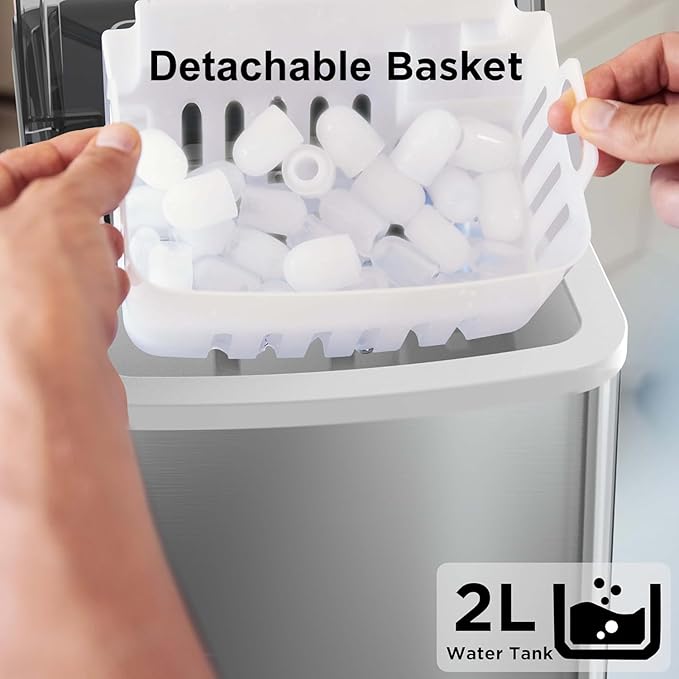 Silonn Ice Makers Countertop, 9 Cubes Ready in 6 Mins, 26lbs in 24Hrs, Self-Cleaning Ice Machine with Ice Scoop and Basket, 2 Sizes of Bullet Ice, Stainless Steel