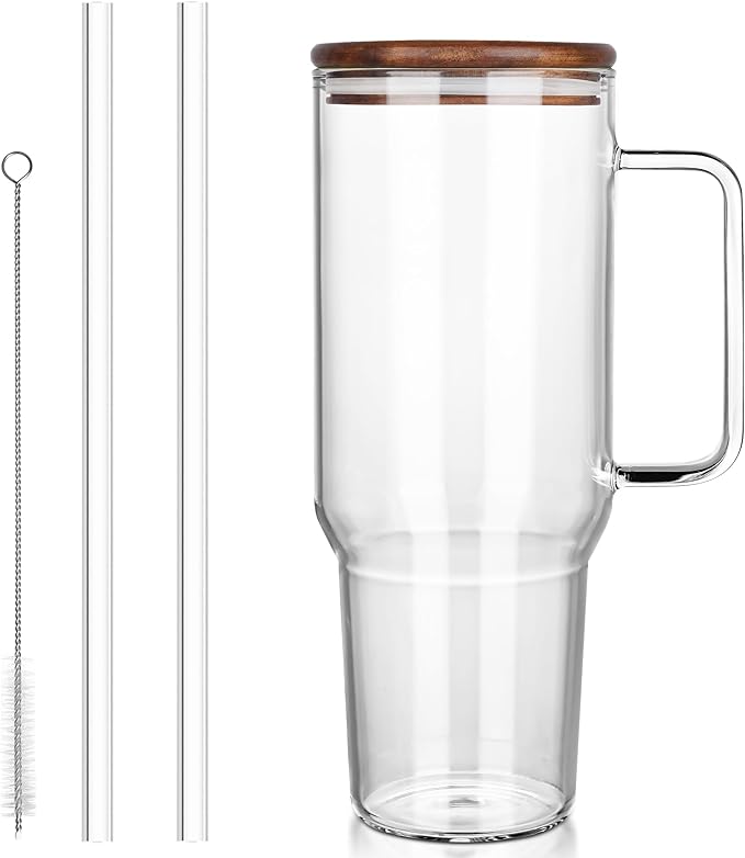 49oz Glass Tumbler with Acacia Wood Lid & Dual Straws, Large Cup with Handle and Straws Glasses Water Bottle Mason Jar Wide Mouth Iced Coffee Cups Travel Mug for Water,Juice,Smoothie,Bubble Tea,Soda