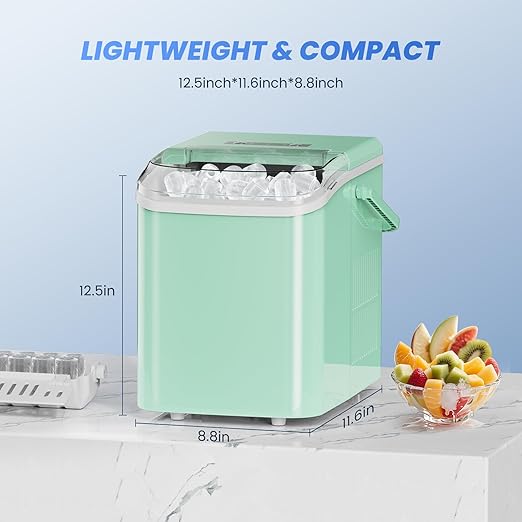NEWBULIG Ice Makers Countertop with Handle, Portable Ice Machine, 9 Bullet Ice Cubes in 6 Mins, 26lbs in 24Hrs, Auto-Cleaning, with Basket and Scoop, for Home, Kitchen, RV, Camping,Green