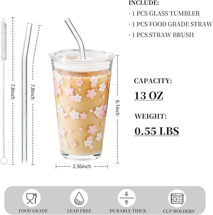 Olvini 15oz Glass Tumbler with Glass Straw and Lid, Cute Iced Coffee Cups, Aesthetic Glass Cups, Coffee Tumbler, Water Cup, Matcha Cup, Drinking Glasses (Cherry blossom)