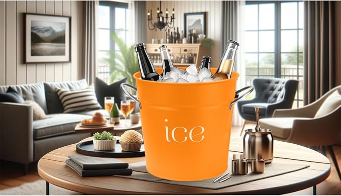 3Qt Orange Galvanized Ice Bucket with Lid, Scoop & Handles - Ideal for Cocktails, Parties, BBQs, Wine & Champagne. Double-Layer Insulated Outer & Galvanized Inner Layer, Perfect for Home & Outdoor Use