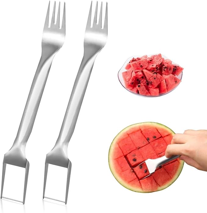 2pcs Watermelon Fork Slicer Cutter,2-in-1 Stainless Steel Fruit Cutter, Dual Head Stainless Steel Fruit Forks Slicer Knife for Family Parties Camping