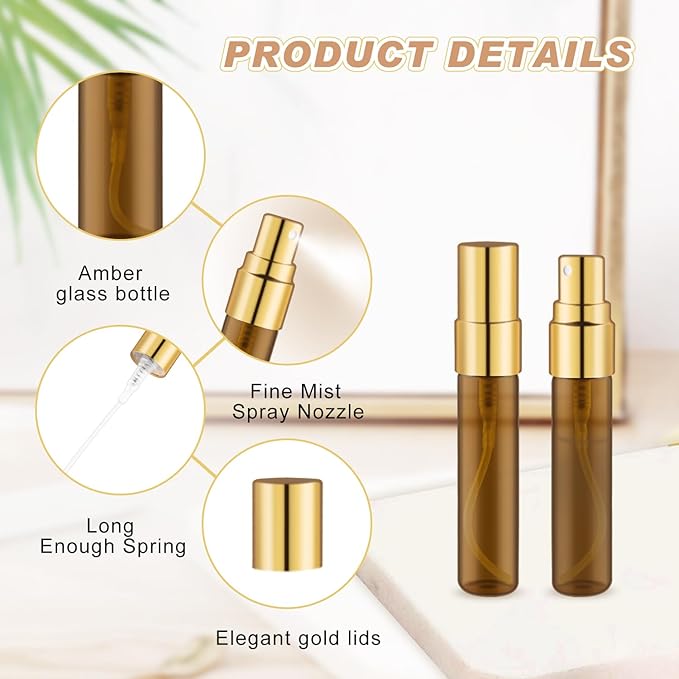 30 Pack Empty Mini Glass Spray Bottle Refillable Fine Mist Perfume Atomizer Portable Travel Sample Spray Bottles Containers For Perfume Essential Oils Cosmetics Liquid (amber bottle, 5ml)