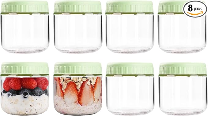 SHOWIN Overnight Oats Containers with Lids, 10oz Glass Jars with Lids 8 pcs, Light Green, Wide Mouth Mason jars for Salad, Yogurt, Snacks, Meal Prep