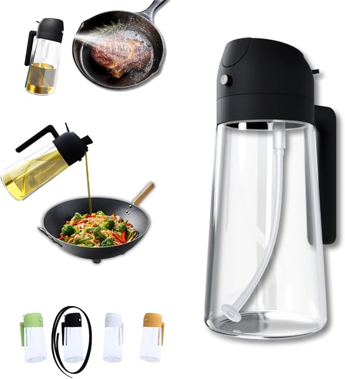 2-in-1 Oil Dispenser and Sprayer, 16oz/470ml Glass Olive Oil Spray Bottle for Cooking, Leakproof and Refillable Oil Mister for BBQ, Salad, and Baking (Black)
