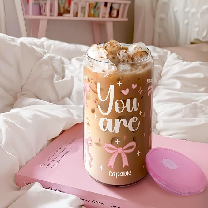 SANDJEST Christian 16oz Can Glass Tumbler with Acrylic Lid & Straw, Iced Coffee Cup for Women Girls, Aesthetic Cups Gifts for Birthday Christmas