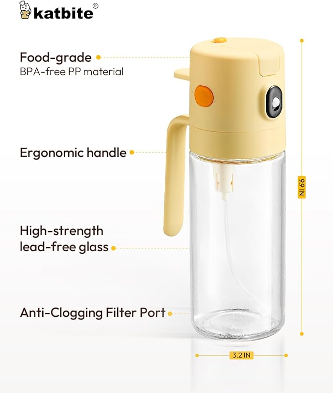 katbite 18.6 oz/550ml olive oil dispenser bottle for Cooking, 2 in 1 glass oil bottle and oil sprayer Non-Drip Leak-Proof Design, Fine Mist(0.5g/Spray) for Air Fryer, Salad, Yellow