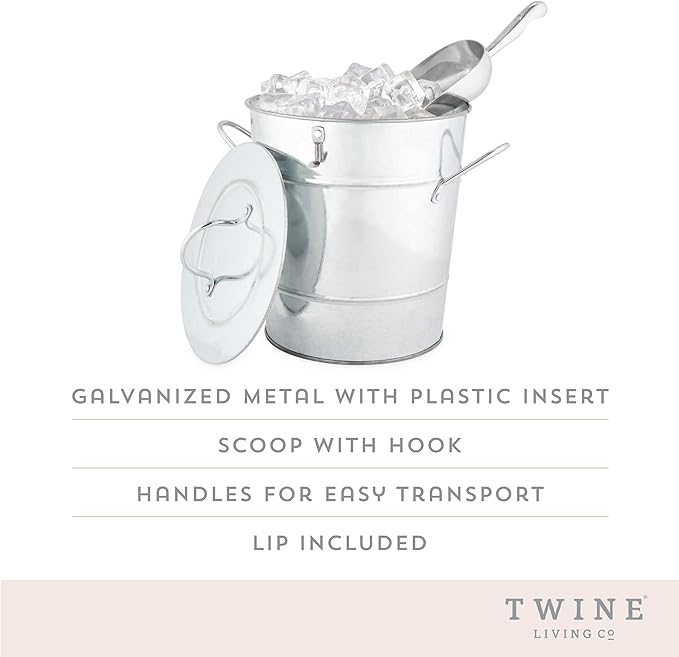 Twine Insulated Ice Bucket With Lid & Scooper for Parties - Galvanized Metal Bucket Cooler & Drink Tub Holds 1 Gallon