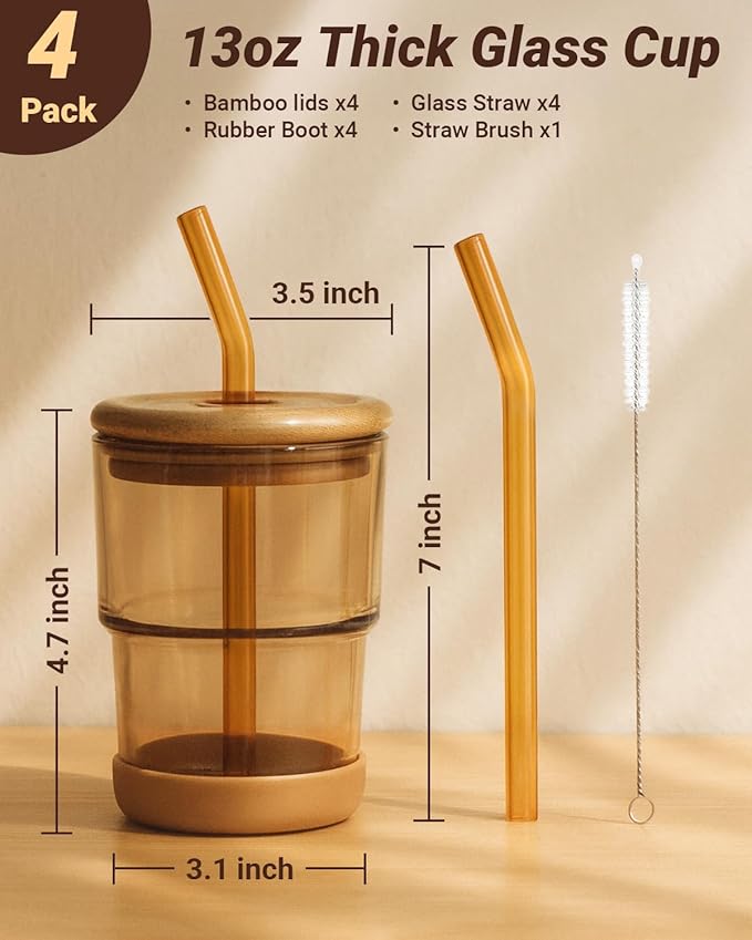 Zukro 13 oz/400ml Glass Cups with Bamboo Lid and Straw, Thick Wall Reusable Glass Tumbler for Iced Coffee, Tea, Matcha, Water Glasses for Home, Office, Non-Slip & BPA Free, Amber 4 Pack