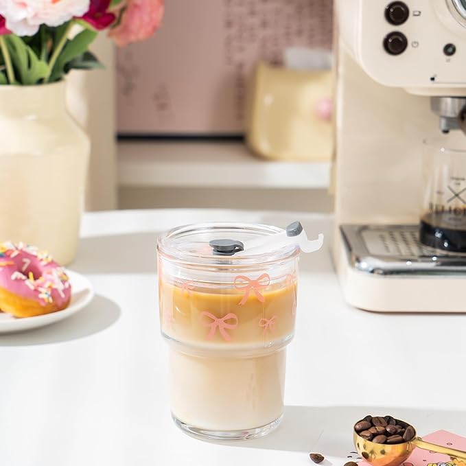 Olvini 13oz Glass Tumbler with Straw and Lid, Reusable Iced Coffee Cup Tumbler, Cute Glass Cups for Water, Matcha, Travel Coffee Mugs (Bow - 13oz)