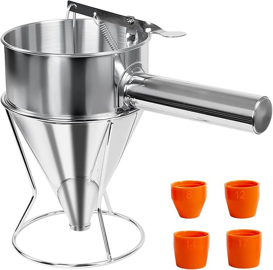 40oz Stainless Steel Pancake Batter Dispenser, Pancake Dispenser with Stand and Squeeze Handle, 4 Interchangeable Nozzles for Pancakes, Cupcakes, Waffles and Baked Goods