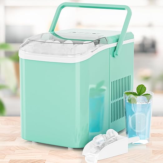 Ice Makers Countertop, Portable Ice Machine with Handle, 6 Mins 9 Bullet Ice Cubes with Basket and Scoop, 26lbs in 24Hrs, Auto-Cleaning, for Home, Kitchen, RV, Camping, Green
