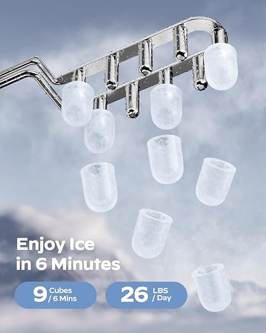 HOMEZAY Ice Maker Countertop, 9 Cubes Ready in 6 Mins, 26 lbs per Day, Ice Machine with 2 Ice Sizes and Self-Cleaning, Portable Ice Maker with Handle for Home, Kitchen, Camping, RV, Office, Black