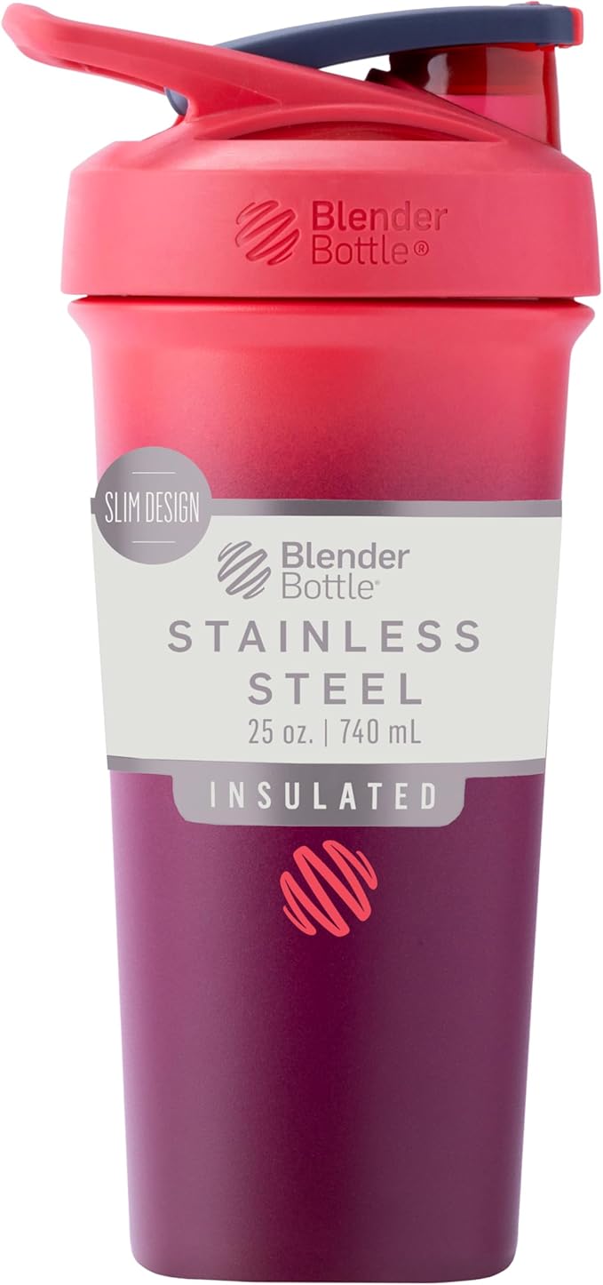 BlenderBottle Sport Sleek Insulated Stainless Steel Shaker Bottle with Wire Whisk, 25-Ounce, Sangria Ombre – Protein Shakes & Hydration for Athletes & Fitness Enthusiasts, Easy Mixing, Lockable Lid