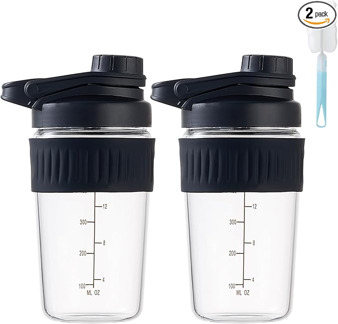 16oz Glass Shaker Bottle for Protein, 2 Pack Small Borosilicate Glass Protein Powder Leak-Proof Shaker Cup Mixes with 304 Blending Ball(16oz,Black)