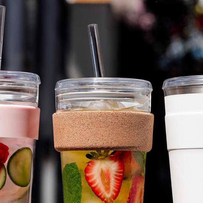 KeepCup Cold Cup - Brew Cork Tempered Glass Ice Coffee Tumbler with Recovered Cork Band, Lid and Straw - 12oz (340ml)