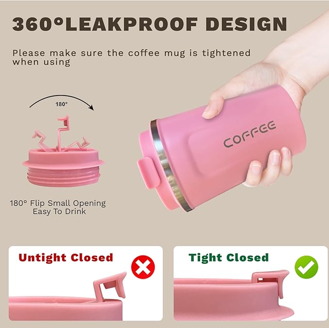 SPLMIFA Travel coffee mugs leak-proof, reusable coffee cups with lids, stainless steel vacuum insulated coffee tumblers, thermal insulation cups for men & women keep drinks hot & cold(2nd-Pink, 12OZ)