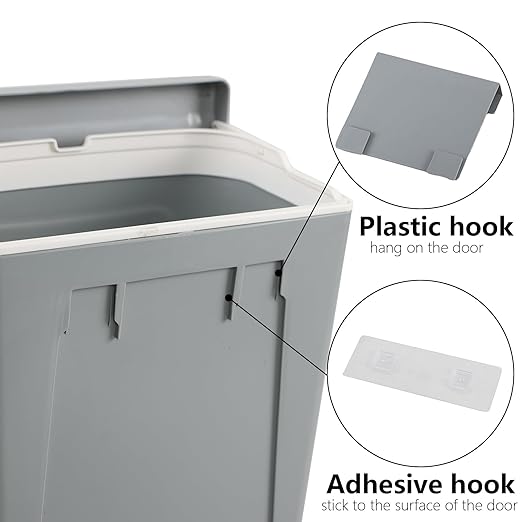 3.2 Gallon Kitchen Hanging Trash Can with Lid, Plastic Wall-Mounted Garbage Can, Gray